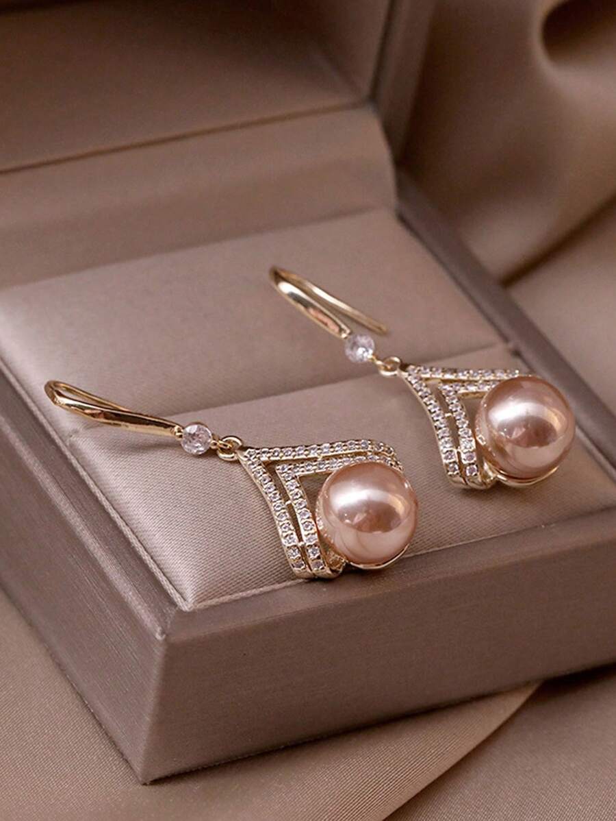 1 Par de Brincos Pingente Geométricos Elegantes de Pérola Falsa Simples, Joias de Pérola Falsa na Cor Champanhe, Joias Pendentes da Moda para Presentes de Meninas - Tamanho Único - Visão 1