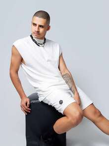 TS SHEIN Oversized Tank Top Outfit Set With Above Knee Shorts Comfortable Plain Knit Solid Black  Brown Beige Linen - 白色 - 查看 1