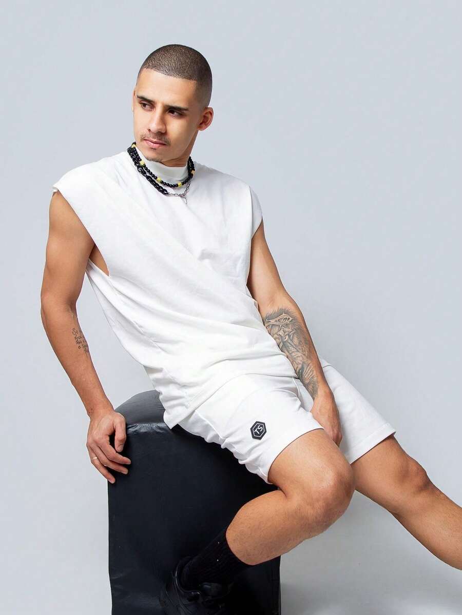 TS SHEIN Oversized Tank Top Outfit Set With Above Knee Shorts Comfortable Plain Knit Solid Black  Brown Beige Linen - 白色 - 查看 1