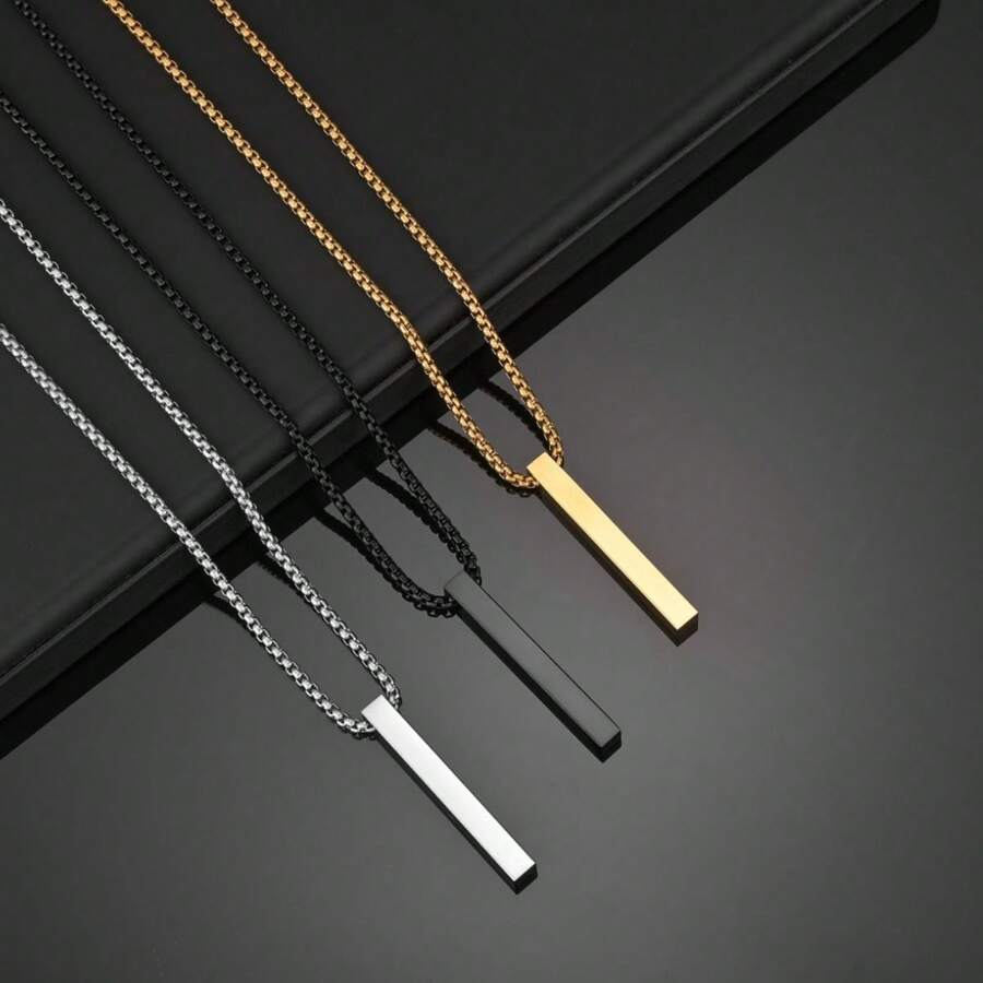 Men's Necklace Chain With Geometric Rectangular Pendant Stick Stainless Steel Gold/Silver/Black - Silver - View 1