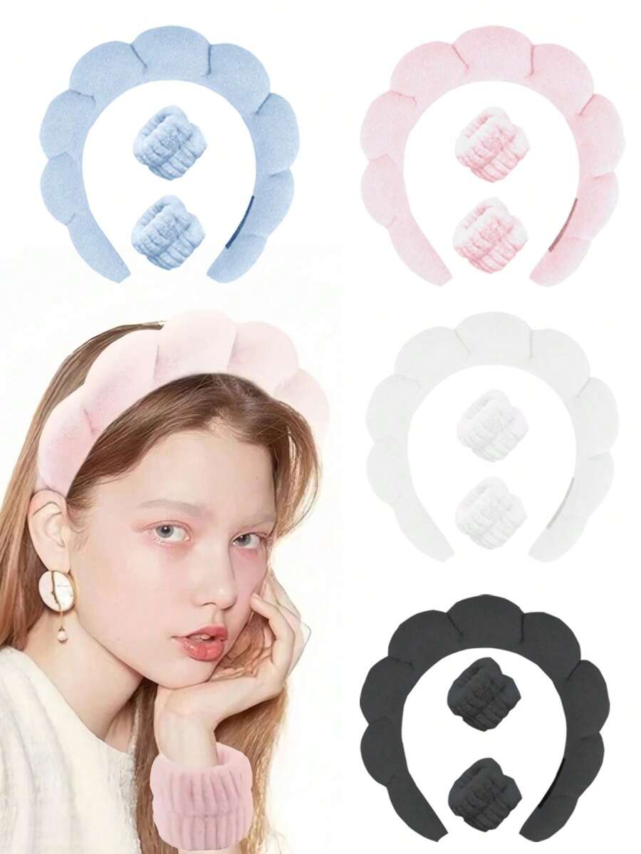 Bộ 3 Băng đô rửa mặt màu trơn phong cách Châu Âu và Mỹ chống thấm nước đầu bướm chống ẩm Bộ trang điểm rửa mặt đơn giản và thời trang Bộ tẩy trang thể thao thấm hút mồ hôi và lau cổ tay - bộ dây buộc tóc - Xem 1