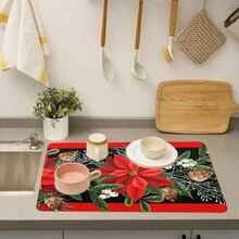 1 tấm chủ đề Giáng sinh vui vẻ, trang trí hoa đỏ đẹp, in trên mặt bếp, tấm lót giá phơi thấm hút, dùng làm tấm lót thoát nước cho đồ dùng trên mặt bếp - Nhiều màu - Xem 13