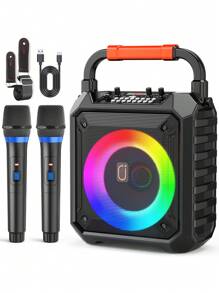 JYX Portable Bluetooth Karaoke Speaker With Dual  Mics - LED Lights, Supports TF/USB/AUX, REC - Perfect For Parties, Indoor/Outdoor Use For Kids & Adults - Black - View 2