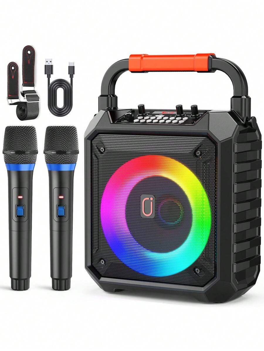 JYX Portable Bluetooth Karaoke Speaker With Dual  Mics - LED Lights, Supports TF/USB/AUX, REC - Perfect For Parties, Indoor/Outdoor Use For Kids & Adults