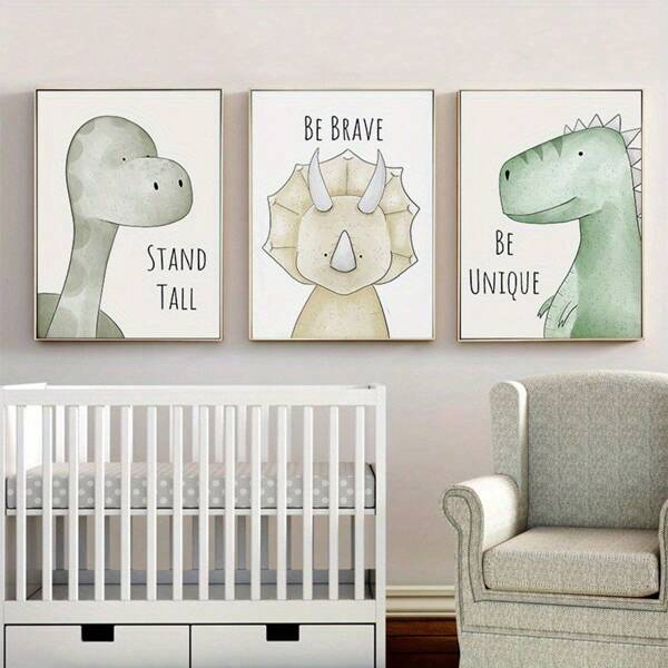 3pcs/Set Canvas Poster, Modern Art, Tyrannosaurus Rex Dinosaur Cute Design For Kids Room Home Decor Hanging Canvas Painting, Bedroom Living Room Hallway Wall Art, Autumn Decor, Ideal Gift, Frameless Gifts Birthday Graduation