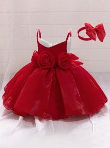 Robe élégante à fleurs 3D en satin et maille de couleur unie pour bébé fille, convient pour les sorties, l'extérieur, les fêtes d'anniversaire, cadeau avec accessoire cheveux