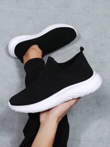All Season Plus Size Women Casual Sneakers, Elastic Slip-On Sport Shoes, Breathable Running Shoes For Women