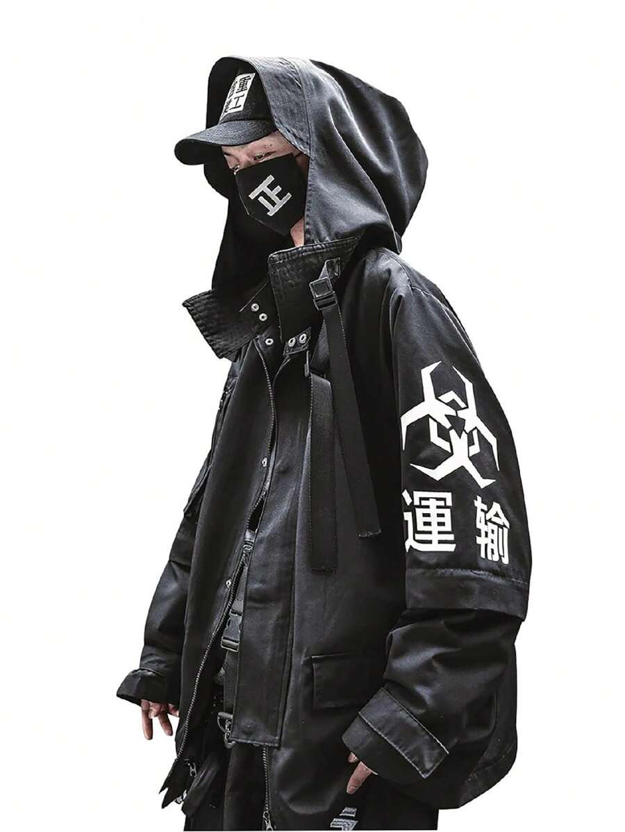 Jacket With Detachable Arm Sleeves And Hoodie Techwear Streetwear Zip Up Windbreaker For Men - màu đen - Xem 1
