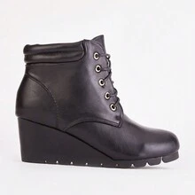Lace Up Wedge Ankle Boots - Black - View 2