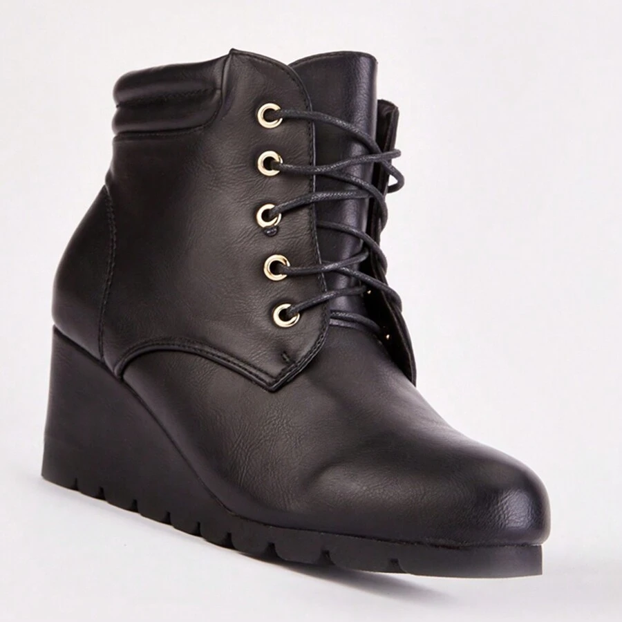 Lace Up Wedge Ankle Boots - Black - View 1