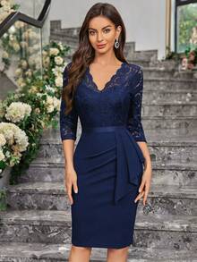 MIUSOL Floral Lace V-Neck Side Ruffle 3/4 Sleeve Slim Fit Business Pencil Skirt - Navy Blue - View 5