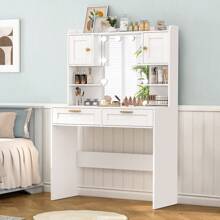 Schminktisch mit LED-Beleuchtung, 3 Farben, Einstellbare Helligkeit,Kosmetiktisch mit Spiegel, Frisiertisch mit 2 Schränken und 2 offenen Regalen, 2 Schubladen,Schlafzimmer, Weiß