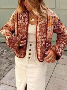 Abrigo acolchado con estampado floral colorido y solapa con botones para mujer, chaqueta corta de manga larga de color contrastante, para usar en otoño, Navidad y almuerzos