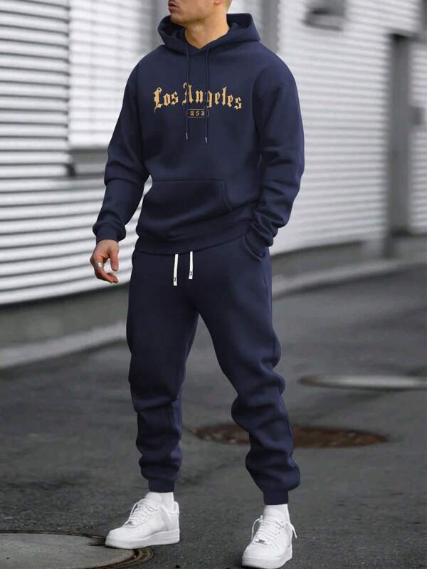Herenset met dunne hoodie en joggingbroek, normale pasvorm, gepersonaliseerd printpatroon, modieuze casual outfit met zakken en trekkoord in de taille, geschikt als cadeau voor man of vriend, geschikt voor op straat, woon-werkverkeer en buitengebruik.