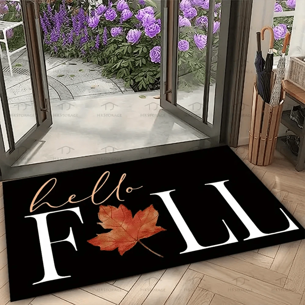 Thảm chùi chân chào mừng Hello Fall Maple Leaf của HKStorage, Thảm chống trượt trong nhà/ngoài trời có thể giặt bằng tay, Sản xuất bằng máy, Trang trí theo mùa thu, Thích hợp cho lối vào/Bếp/Phòng tắm/Sân hiên/Ban công - Nhiều kích cỡ - Nhiều màu - Xem 1