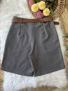 Tailored Bermuda Shorts For Women With Belt And Zipper And Bag - Dark Grey - View 3
