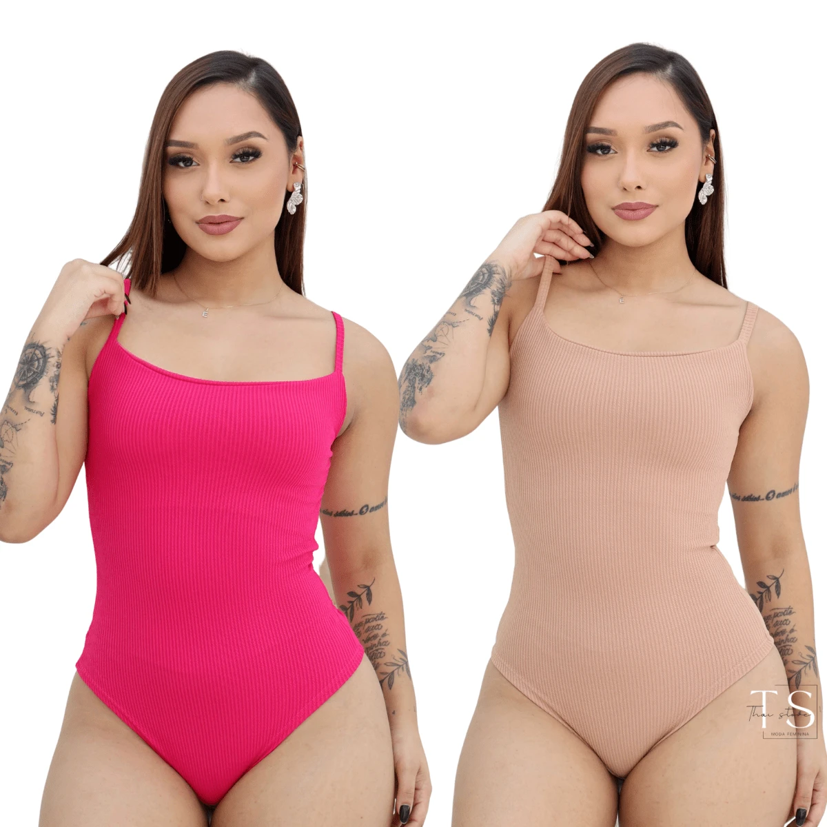 KIT 2 Women's Bodysuit With Thin Straps Premium Ribbed Terrycloth Straps - NUDE aND PINK - View 1