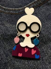 1pc Cartoon Girl With Earring Acrylic Brooch, Handmade Accessory For Bag And Clothing