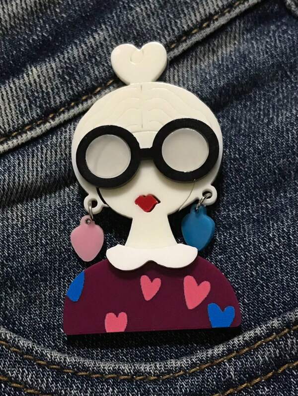 1pc Cartoon Girl With Earring Acrylic Brooch, Handmade Accessory For Bag And Clothing