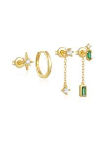 3 piezas Pendientes con borla de circonita de plata de ley 925 para mujer, pendientes clásicos colgantes, adecuados como regalo para mamá, joyería nupcial, joyería fina