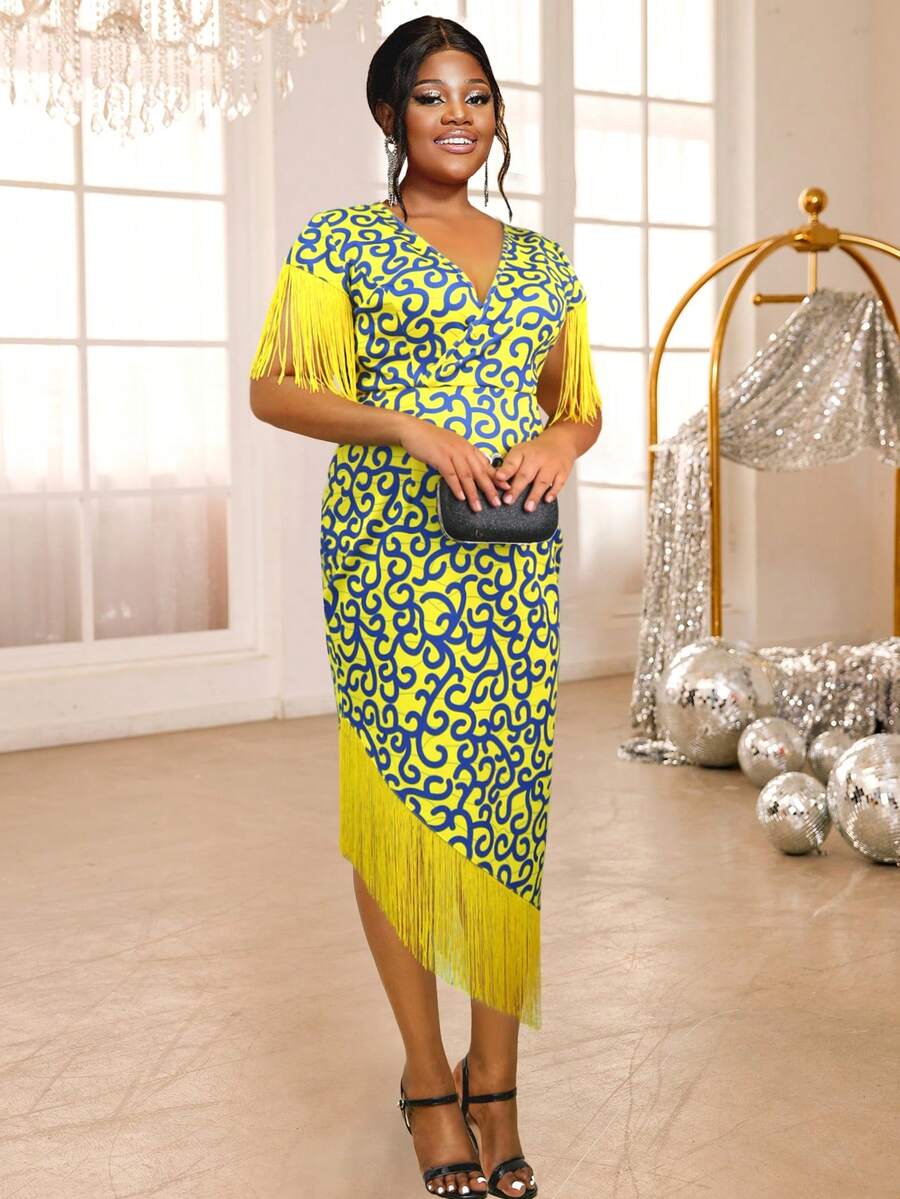 大码女式 V 领贴身拼布流苏连衣裙，优雅鸡尾酒半正式舞会礼服，适合生日、婚礼嘉宾、毕业典礼、晚宴、返校节 - 黃色 - 查看 1