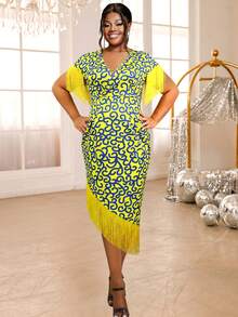 大码女式 V 领贴身拼布流苏连衣裙，优雅鸡尾酒半正式舞会礼服，适合生日、婚礼嘉宾、毕业典礼、晚宴、返校节 - 黃色 - 查看 3