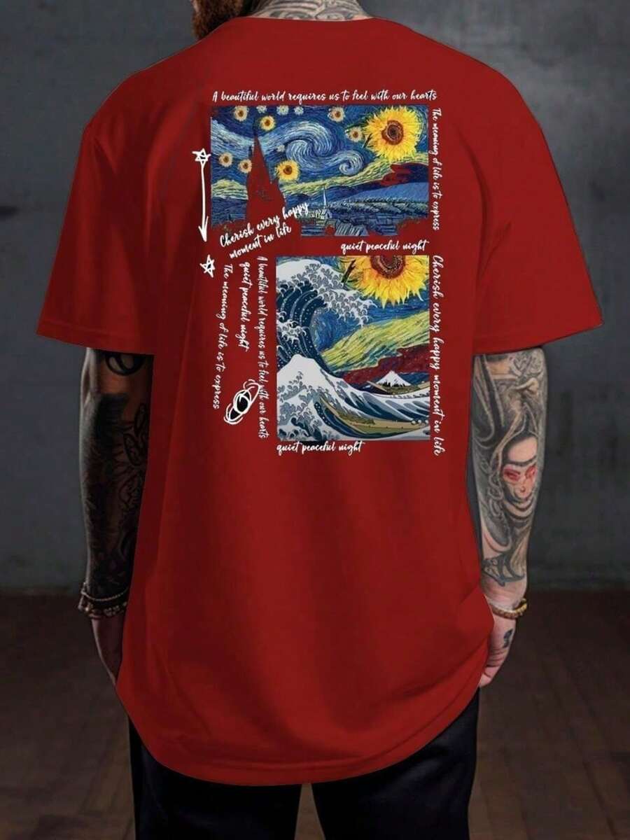 Slogan T-Shirt & Sunflower Print Unisex Shirt Blouse SILPJ1 - 紅色 - 查看 1