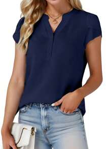 Women's Casual Tops Blouses Button Down Shirts Cap Sleeve V Neck T-Shirt - 藏蓝色 - 查看 1
