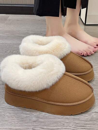 女式冬季一脚蹬雪地靴，毛绒衬里厚雪地靴