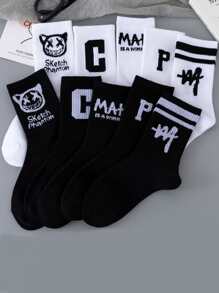 5/10 Pairs Men Cartoon Graphic Mid-Calf Socks, Streetwear Style
