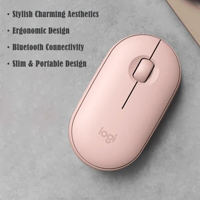 Logitech 无线蓝牙 Pebble 鼠标，纯色圆润石头形状，适用于办公室、Mac、iPad、笔记本电脑、台式电脑（粉色）