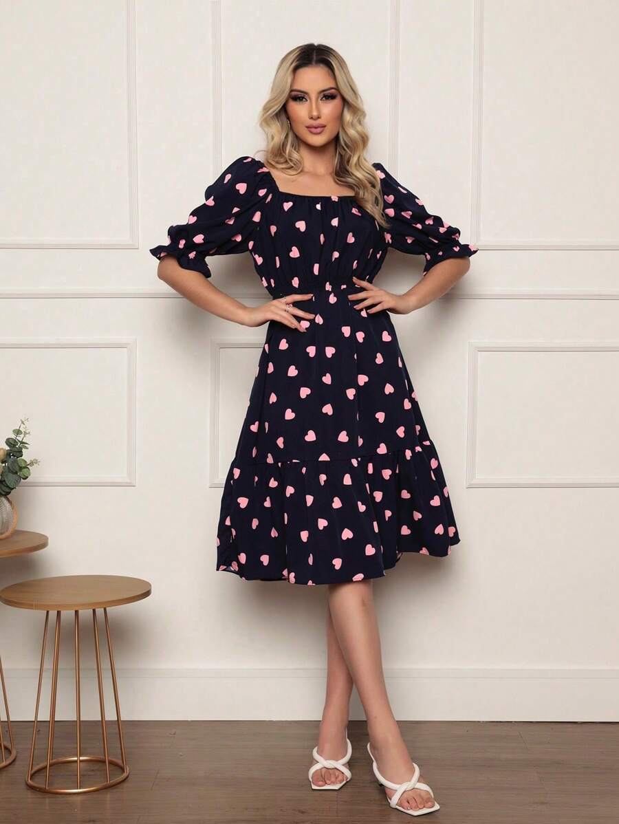 Women's Dress | Crepe With Elastec L Polka Dot L Little Flower I Off The Shoulder. - 藏蓝色 - 查看 1