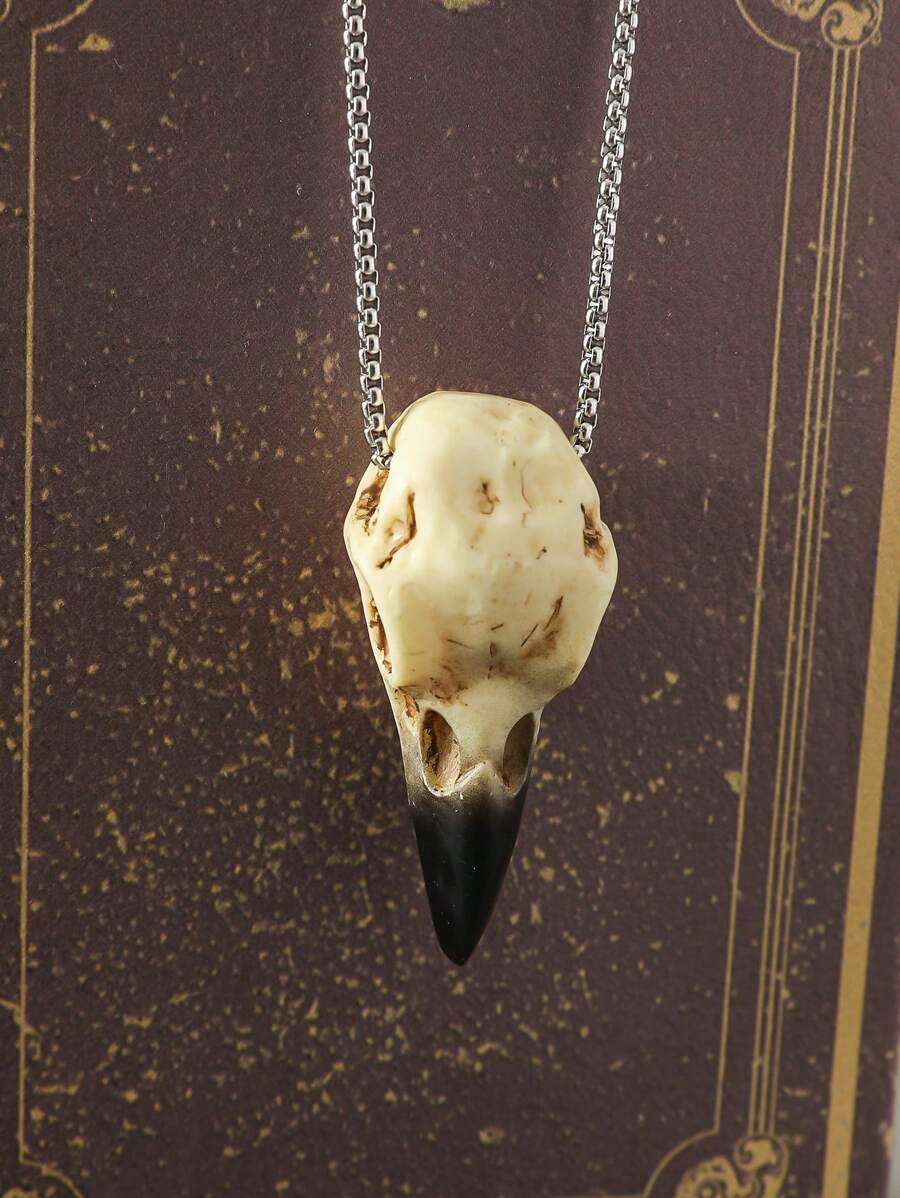 1 chiếc vòng cổ mặt dây chuyền bằng nhựa phong cách Gothic mới lạ, phù thủy Halloween Raven Skull cá tính, phóng đại dành cho nữ - Màu be - Xem 1