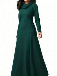 大码休闲纯色拼布口袋高领连衣裙