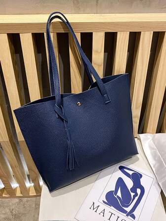 אופנה חדשה וינטג' קיבולת גדולה תיק נשים, צבע אחיד רטרו קז'ואל תיק קניות רב תכליתי עם ציצית באיכות גבוהה