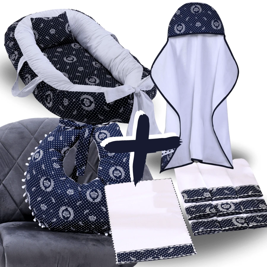 MeF Mae e Filho Bộ sản phẩm làm tổ cho nôi em bé + Khăn tắm lót + 6 khăn vai + Gối cho con bú - Hải quân Hoàng gia với màu trắng - Xem 1