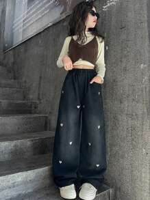 Tween Girls' Heart Print Broderade Jeans med breda ben - Blå - Visa 6