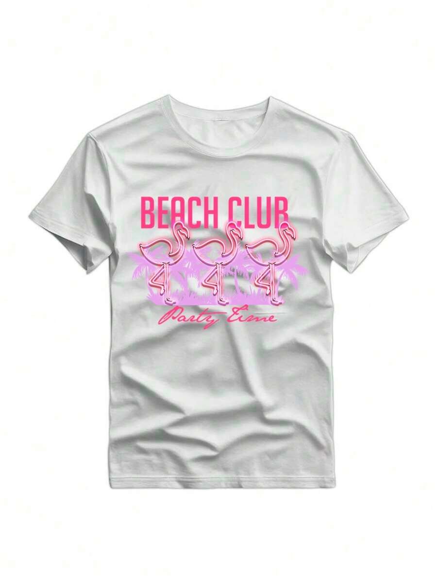 Women's Round Neck T-Shirt With Print, Casual Short Sleeve Tops For Spring And Summer, Women's Clothing - trắng - Xem 1