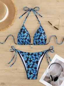 Fashionable Floral Printed Sexy Halter Tie Side Bikini Set, Hot Beach Swimwear, For Summer Vacation