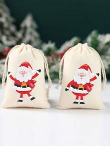 6 Piezas Bolsas de regalo de algodón navideñas con cordón, bolsas de envoltura de regalo con patrones de Papá Noel, muñeco de nieve, alce y hombre de jengibre en acuarela, bolsas portátiles para decoración, fiestas y obsequios navideños