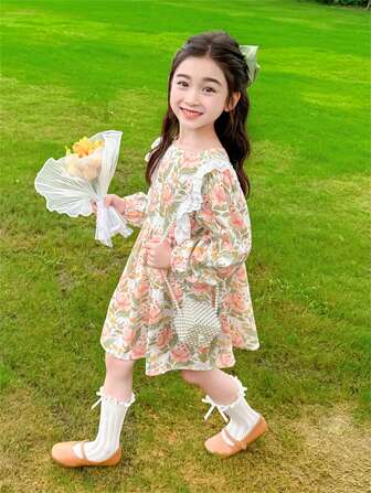 年轻女孩长袖花卉印花连衣裙，年轻女孩可爱连衣裙，新款，儿童服装年轻女孩春夏秋季中长连衣裙