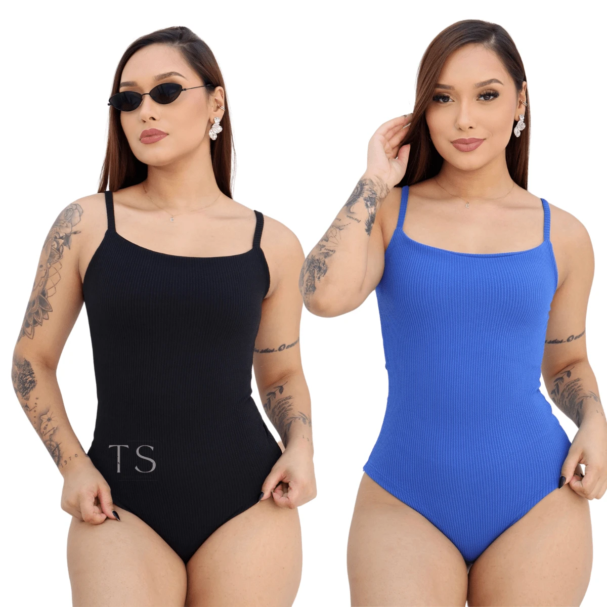 KIT 2 Women's Bodysuit With Thin Straps Premium Ribbed Terrycloth Straps - 黑色和寶藍色 - 查看 1