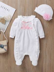 Newborn Baby Girls Button One Piece Long Sleeve  Jumpsuit 0-9 Months Outfits Clothes - White - View 1