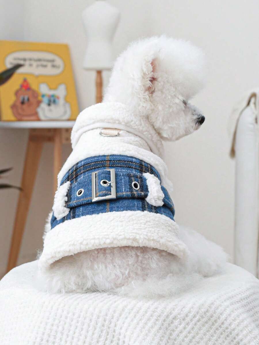 PETCIRCLE 1 件宠物服装蓝色格子外套适合小型/中型犬，温暖冬季服装 - 藍色 - 查看 1