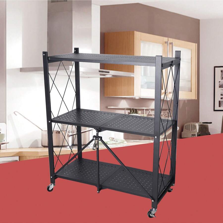 Storage 3 Tier Wide Folding Metal Shelf ,Rolling Trolley Utility Cart Black Outdoor Decor - Black - View 1
