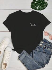 Women's Baby Look Printed T-Shirt Weight Bodybuilding Heart Various Colors 100% Cotton - 黑色 - 查看 2