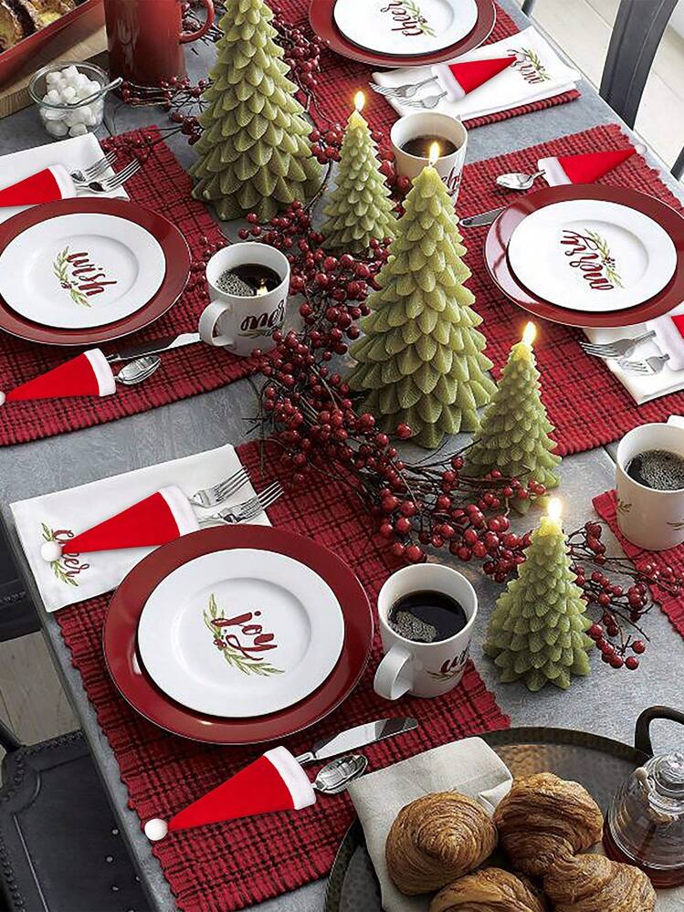 Set Di 12 Portaposate Natalizi In Feltro – Forma Di Albero Di Natale – Verde – Decorazione Tavola Festiva - 2