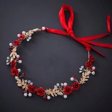 1 Set 2pcs Women Alloy Red Rose Hair Clips & Headdress, Handmade Bridal Hair Accessories For Wedding Dress Valentine's Day Accessories - Burgundy - View 4