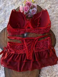 Lingerie With Bra Panties And Mini Skirt Thong And Skirt Sensual Lingerie Set With Madonna Cup - 紅色 - 查看 2