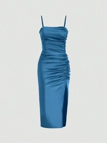 Elegante vestido midi de satén para mujer, con detalle fruncido, diseño de espalda descubierta y abertura alta, adecuado para primavera/verano, Día de San Valentín, uso elegante diario y fiestas de boda - azul real - Ver 5